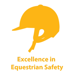 A horse rider's helmet, with text below that says "Excellence in Equestrian Safety"